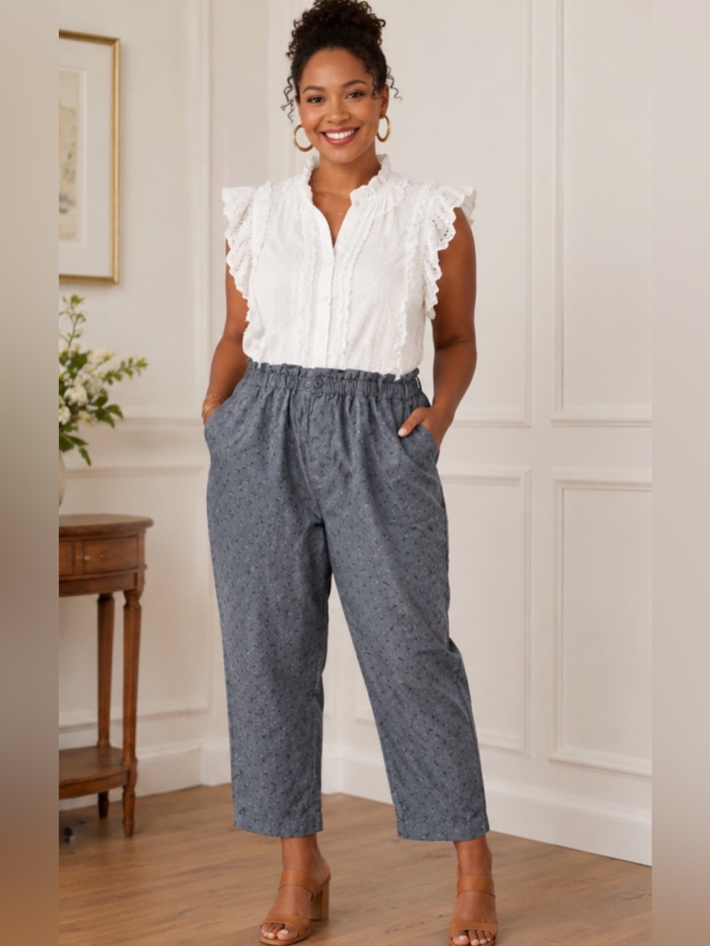 The Nines by HATCH Slate Blue Eyelet Cropped Pants